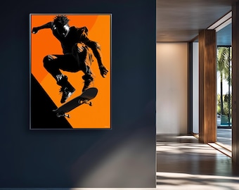Skateboard Wall Art Digital Download Skater Silhouette Print Extreme Sports Poster Black and Orange Urban Room Decor Gift for Skateboarder