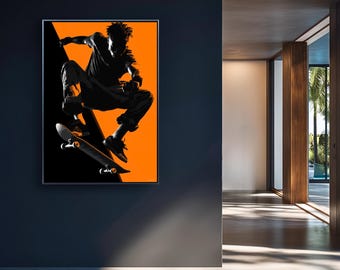 Skateboarding Wall Art Digital Download Modern Skater Silhouette Print Black and Orange Extreme Sports Poster for Bedroom or Game Room Decor