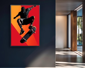 Skateboarding Wall Art Digital Download Modern Skater Silhouette Poster Red and Black Extreme Sports Print for Bedroom or Game Room Decor