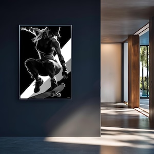 Black and White Skateboard Wall Art Digital Download Skater Girl Poster Monochrome Female Athlete Print Minimalist Sports Wall Decor