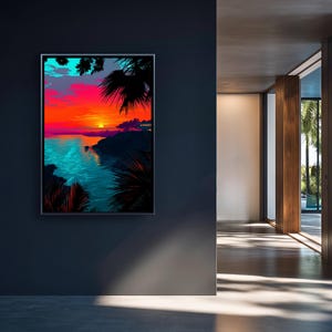 Sunset Cliff Retreat Digital Coastal Wall Art with Tropical Foliage Bold Ocean View Print Beach Landscape Home Decor Instant Download