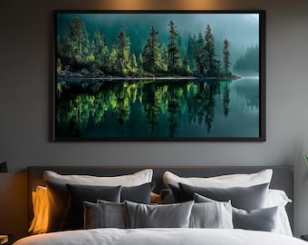 Arte mural de bosque de pinos verde salvia Japandi Wabi Sabi Descarga digital Naturaleza Reflejo Paisaje Moderno Minimalista Decoración del hogar Regalo