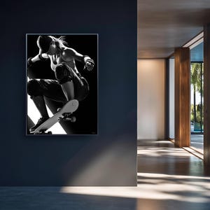 Black and White Skateboard Wall Art Digital Download Monochrome Skater Girl Poster Minimalist Sports Print Female Athlete Wall Decor