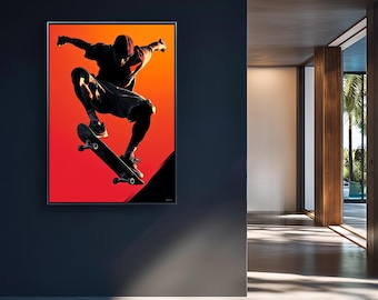 Muurdecoratie met extreme sporten zoals skateboarden, digitaal te downloaden: moderne poster met skatersilhouet, urban street decor, printbaar kunstwerk.