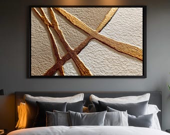 Arte mural japonés beige dorado geométrico abstracto descarga digital texturizado neutro tonos tierra obra de arte moderno minimalista lujo regalos corporativos