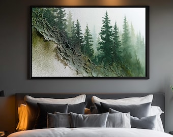 Arte mural de bosque de pinos con textura de paisaje verde, diseño japonés Wabi Sabi, descarga digital, decoración moderna inspirada en la naturaleza, regalos corporativos de lujo.