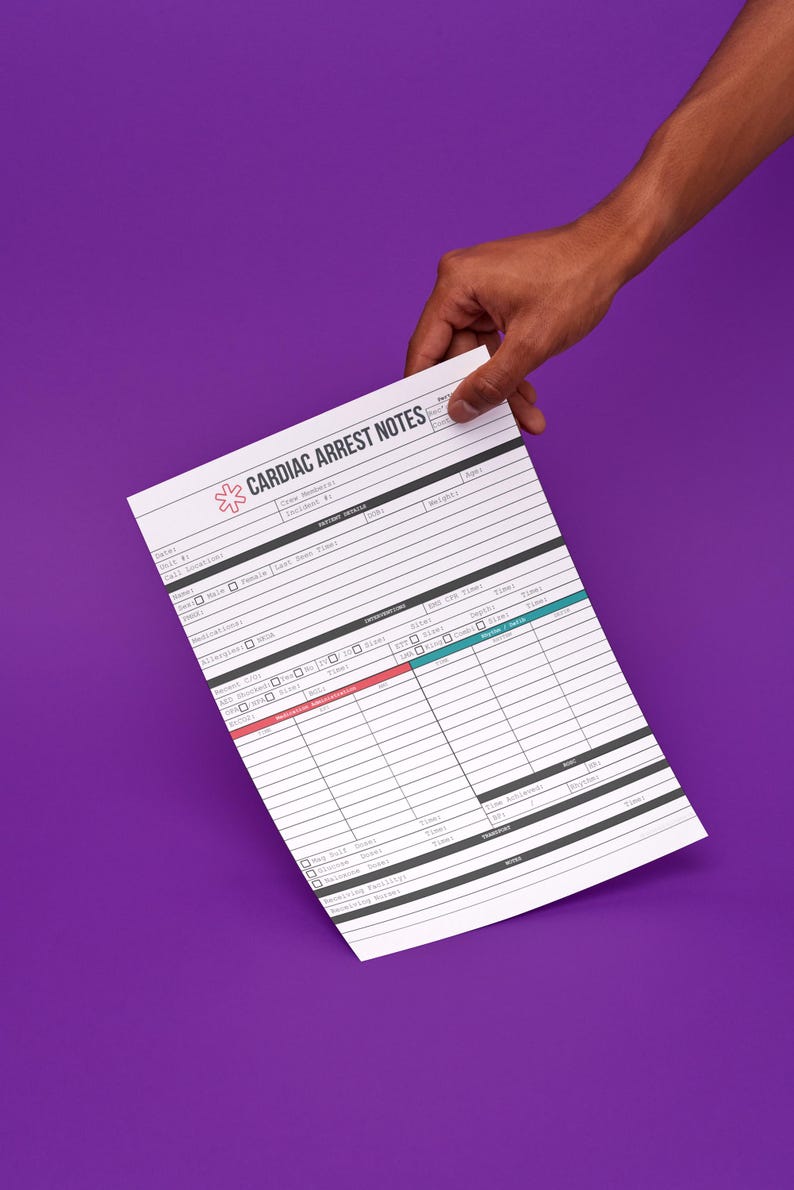EMS Cardiac Arrest Note Sheet: Printable EMT Field Checklist (PDF ...