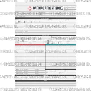 May include: A white medical form titled "CARDIAC ARREST NOTES" with sections for patient details, interventions, and medication administration. The form includes checkboxes and spaces for writing information. The logo "ORGANISED RESPONDER CO." is repeated around the edges.