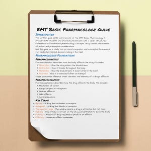 EMT grundläggande farmakologiguide | EMT-studieguide, läkemedelsreferens, farmakologiska anteckningar, EMT-B-examensförberedelse, utskrivbart studieverktyg
