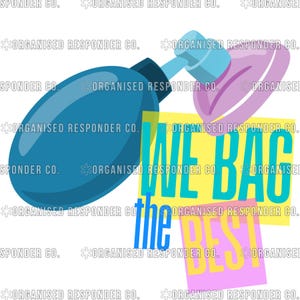 May include: A graphic design featuring a blue perfume bottle with a light blue nozzle and a pink decorative element. The text "WE BAG the BEST" is displayed on yellow and pink rectangles, with blue text. The design is against a white background.