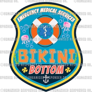 May include: A shield-shaped graphic with the words "Emergency Medical Services" and "Bikini Bottom." The design includes a life preserver, medical symbol, jellyfish, and an anchor. The color scheme is blue, orange, and yellow.