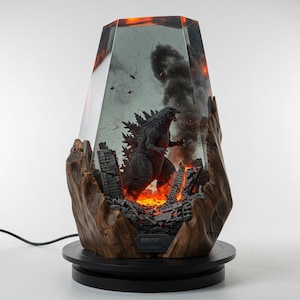 Godzilla Resin Lamp: Handcrafted Epoxy Diorama with Fire Effects