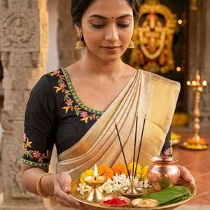 May include: A woman wearing a cream-colored sari with a gold border and a black blouse with floral embroidery. She holds a brass tray with a lit lamp, flowers, incense, and a small copper pot.