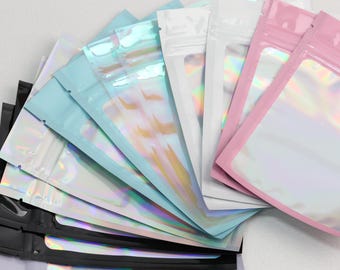 Holographic Mylar Bags Resealable Foil Pouches with Window Small Business Packaging for Bead Storage 50pcs (10.5x15cm)