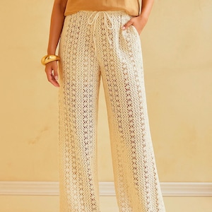 Boho Häkelspitze Hose mit weitem Bein für Frauen | Sommer-Strandhose | Hohe Taille Kordelzug Palazzo | XS bis XL | Festival-Resort tragen