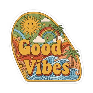 Vinyl Sticker Good Vibes #2 Waterproof Retro Van Rainbow Decal 70&#39;s Hippie Aesthetic Road Trip Sticker for Car Laptop Water Bottle Journal