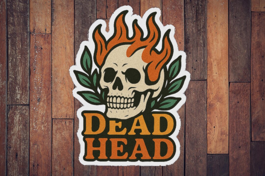 Vinyl Sticker Dead Head Skull Fiery With Leaves Rock Grunge Tattoo ...