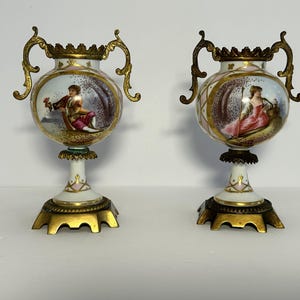 Pair of French Antique Sevres Style Hand Painted Porcelain Vase circa 1800s