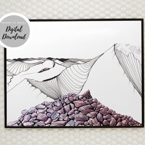 May include: Black framed art print featuring a mountain landscape illustration. The artwork includes a pile of purple-toned rocks in the foreground, with mountains and linear details in black ink on a white background. The text "Digital Download" is in a circle in the upper left.