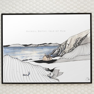 Bothy Scotland, Scottish Bothy, Guirdil Bothy, Isle of Rum, Bothy Art Print, Highlands Landscape Drawing, Coastline Painting, Hill Walking