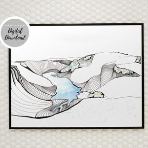 May include: Black framed art print featuring a minimalist landscape illustration. The artwork depicts a river and mountains with black line art and watercolor blue and green accents. The text "Digital Download" is in a white circle.