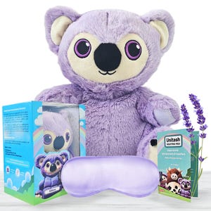 May include: A plush purple koala bear with a matching eye mask and a box featuring a koala design. The box contains a koala plushie. A small sprig of lavender is on the right. The eye mask is oval-shaped.