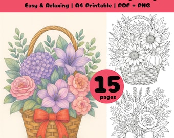 Flower Basket Coloring Pages: 15 Detailed Floral Basket Line Art Prints (PDF + PNG)