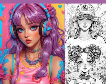 Y2K Kitsch Girl Coloring Book: 25 Printable Pages (Digital Download PDF A4 Size)