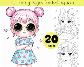 Adorable Chibi Girl Coloring Pages | 20 Cute Kawaii Designs | Digital Download PDF + PNG | A4 Size Printable Coloring Book for Relaxation