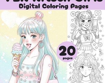 Y2K Kitsch Girl Coloring Pages: Retro Fashion, Ice Cream (PDF & PNG)