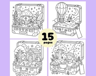 Fantasy Travel Suitcase Coloring Pages | Whimsical World Adventure Set (PDF & PNG)