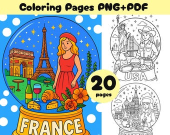 World Snow Globe Coloring Book: 20 Country-Themed Pages (PDF + PNG)