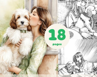 Girls & Dogs Coloring Pages: 18 Friendship Scenes (PDF + PNG Digital Download