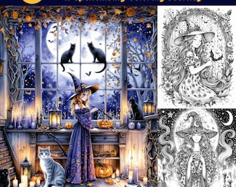 Halloween Witch Coloring Pages | 23 Magical Designs | Witches, Pumpkins & Moonlight | Instant Download PDF + PNG