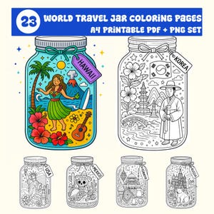 Peut inclure: Téléchargement numérique de 23 pages de coloriage World Travel Jar en formats PDF et PNG. Les bocaux représentent des scènes de Hawaï, de Corée, des États-Unis, du Mexique, de la Turquie et de la Russie. Chaque bocal a une illustration unique.