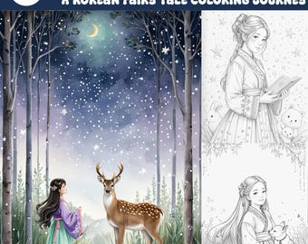 Hanbok Dreams Coloring Pages | 36 Korean Fairy Tale Girl & Baby Animal Line Art | Printable PDF + PNG | Asian Fantasy Coloring Book