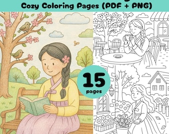 Hanbok Girl Coloring Pages: Korean Daily Life Scenes (PDF & PNG)