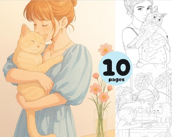 Girls & Cat Coloring Pages: 10 Peaceful Webtoon-Style Line Art Illustrations (PDF + PNG) Digital Download