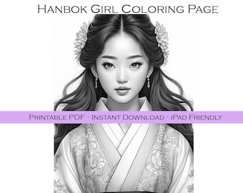Hanbok Korean Girl Coloring Page: K-Pop Art (Digital Download, A4/JPG Included)