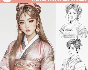 Hanbok K-Pop Idol Coloring Pages: 51 Korean Fusion Outfits (PDF + PNG Digital Download