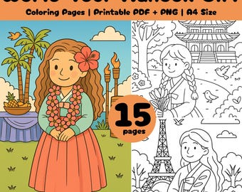 Hanbok Girl World Tour Coloring Pages: 15 Country Scenes (A4 Printable)