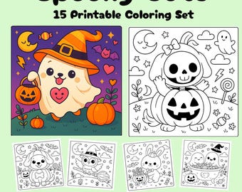 Spooky Cute Halloween Coloring Pages – 15 Printable Sheets | 8.5" x 8.5" PDF + PNG Bundle | Kawaii Ghosts, Pumpkins & Animals