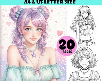 Kitsch Y2K Girl Coloring Pages: 20 Retro Anime Outfits (Digital Download)