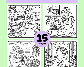 Hanbok Girl Gardening Coloring Pages : Cozy Korean Garden Scenes (Digital Download)