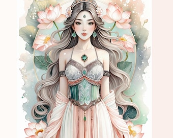 Asian Botanical Goddess Coloring Pages: K-Webtoon Style (PDF & PNG)