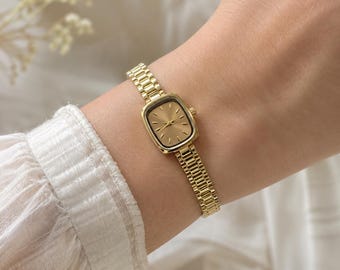 Vintage Dainty Gold Watch for Women, Adjustable Bracelet Womens Watch, Rectangular Champagne Dial