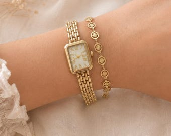 Small Gold Watch for Women, Dainty Bracelet Watch with Charm, Vintage Roman Numeral Dial