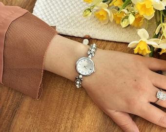 Freshwater Pearl Silver Watch, Dainty Vintage Style Womens Timepiece