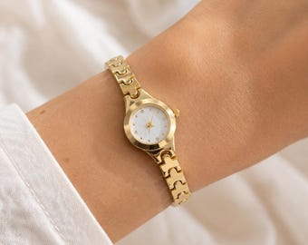 Small Gold Watch for Women, Dainty Gold Bracelet Wristwatch, Crystal Marker Dial, Vintage Style