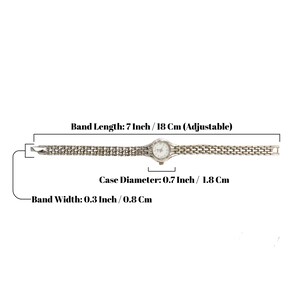 May include: A silver-toned wristwatch with a round face and a linked band. The band length is 7 inches (18 cm) and adjustable. The case diameter is 0.7 inches (1.8 cm), and the band width is 0.3 inches (0.8 cm).